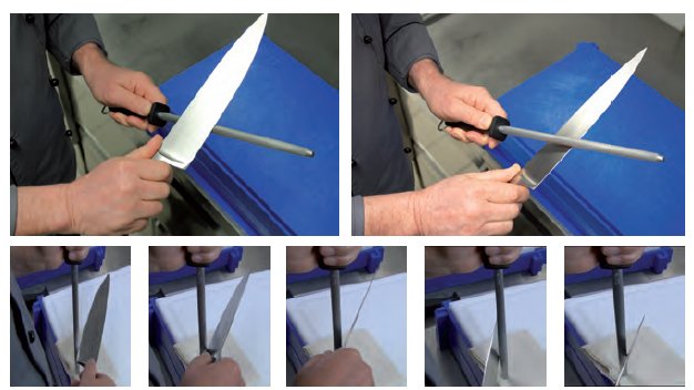 Abb. 6: Abziehen der Messerschneide mit Hilfe eines Wetzstahls. Das Messer wird links und rechts am Wetzstahl im Winkel von 15-20 Grad abgezogen.