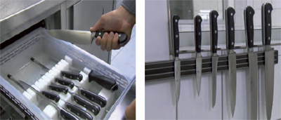 Abb. 18: Aufbewahrungsorte fr Messer, links: praktische Schubladeneinlagen, rechts: magnetische Befestigungsleiste