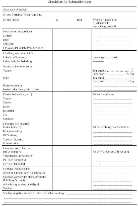 formular: muster - checkliste fr schutzkleidung