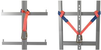 Abb. 4 Anschlagpunkte mittels Bandschlingen (links: Steigleiter mit Mittelholm; rechts: Steigleiter mit Seitenholmen)