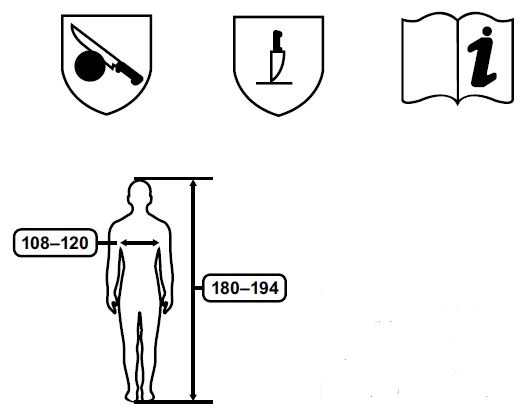 Abb. 22 Schnittschutzkennzeichnung (oben links), Stechschutzkennzeichnung (oben mittig), Hinweis auf Herstellfirmeninformationen (oben links), Grenkennzeichnung (unten)